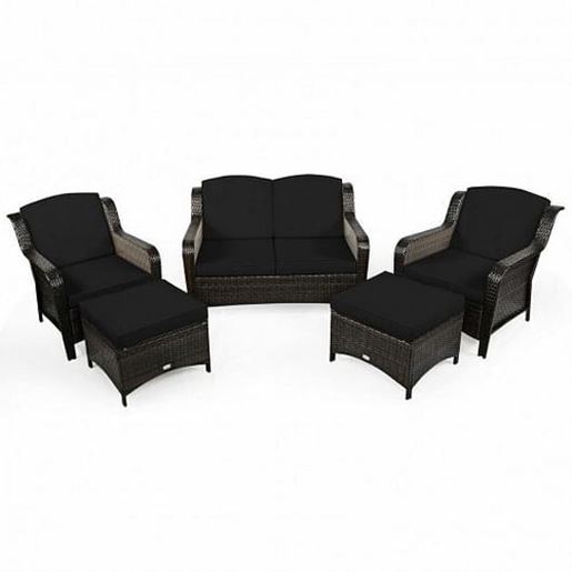 Picture of 5 Pieces Patio Rattan Sofa Set with Cushion and Ottoman-Black - Color: Black