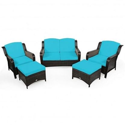 Picture of 5 Pieces Patio Rattan Sofa Set with Cushion and Ottoman-Turquoise - Color: Turquoise