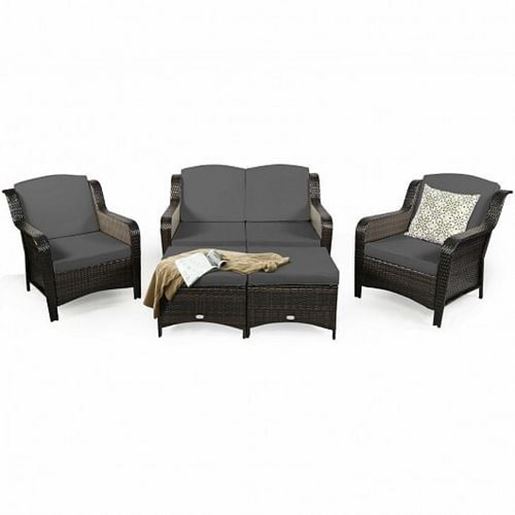 Picture of 5 Pieces Patio Rattan Sofa Set with Cushion and Ottoman-Gray - Color: Gray