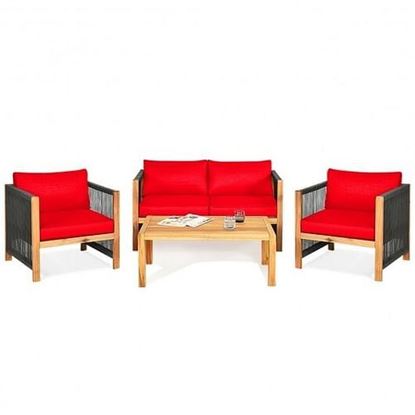 Picture of 4 Pcs Acacia Wood Outdoor Patio Furniture Set with Cushions-Red - Color: Red