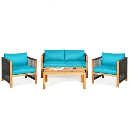 Foto de 4 Pcs Acacia Wood Outdoor Patio Furniture Set with Cushions-Turquoise - Color: Turquoise
