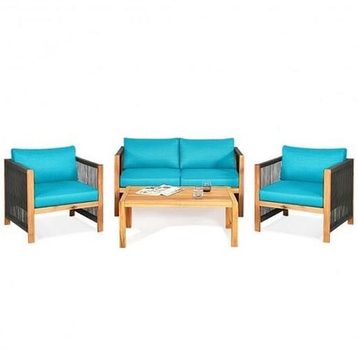 Picture of 4 Pcs Acacia Wood Outdoor Patio Furniture Set with Cushions-Turquoise - Color: Turquoise