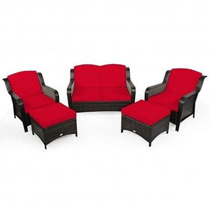 Picture of 5PCS Patio Rattan Sofa Set with Cushion and Ottoman - Color: Red