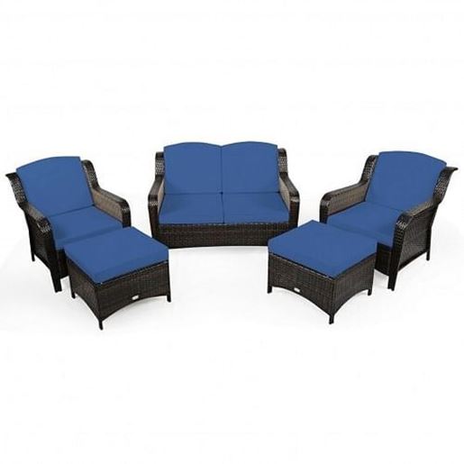 Picture of 5 Pieces Patio Rattan Sofa Set with Cushion and Ottoman-Navy - Color: Navy