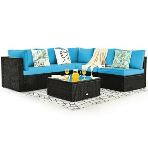 Picture of 6 Pieces Patio Rattan Furniture Set with Cushions and Glass Coffee Table-White