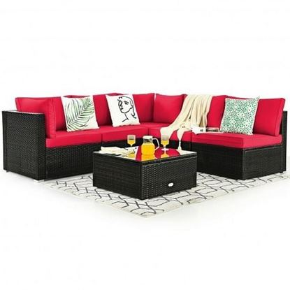 Picture of 6 Pieces Patio Rattan Furniture Set with Cushions and Glass Coffee Table-Red - Color: Red