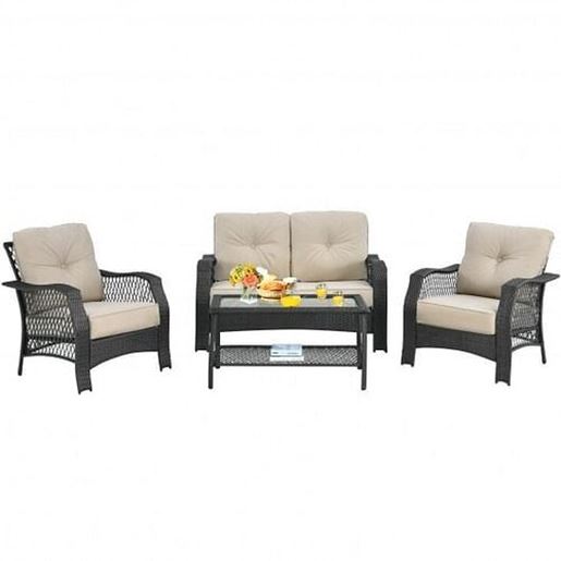 Picture of 4 Pieces Patio Wicker Furniture Set Loveseat Sofa Coffee Table with Cushion-Beige - Color: Beige