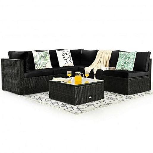 Picture of 6 Pieces Patio Rattan Furniture Set with Cushions and Glass Coffee Table-Black - Color: Black