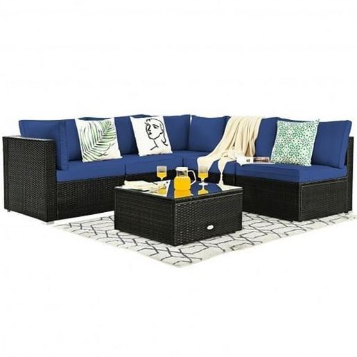 Picture of 6 Pieces Patio Rattan Furniture Set with Cushions and Glass Coffee Table-Navy - Color: Navy