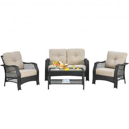 Picture of 4 Pieces Patio Wicker Furniture Set Loveseat Sofa Coffee Table with Cushion-Beige