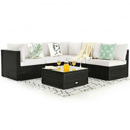 Picture of 6 Pieces Patio Rattan Furniture Set with Cushions and Glass Coffee Table-White - Color: White