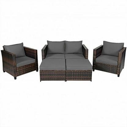 Picture of 5 Pieces Patio Cushioned Rattan Furniture Set-Gray - Color: Gray