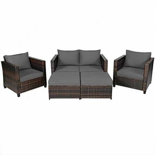 Picture of 5 Pieces Patio Cushioned Rattan Furniture Set-Gray - Color: Gray