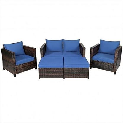 Picture of 5 Pieces Patio Cushioned Rattan Furniture Set-Navy - Color: Navy