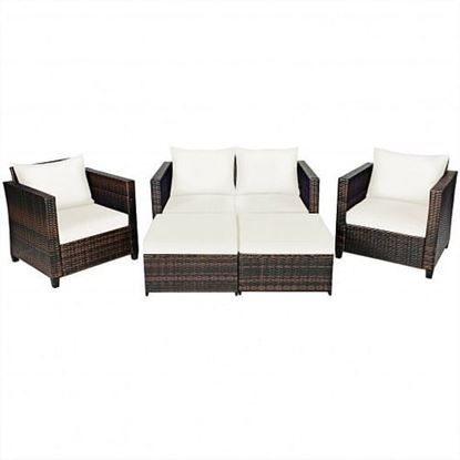 Picture of 5 Pieces Patio Cushioned Rattan Furniture Set-White - Color: White