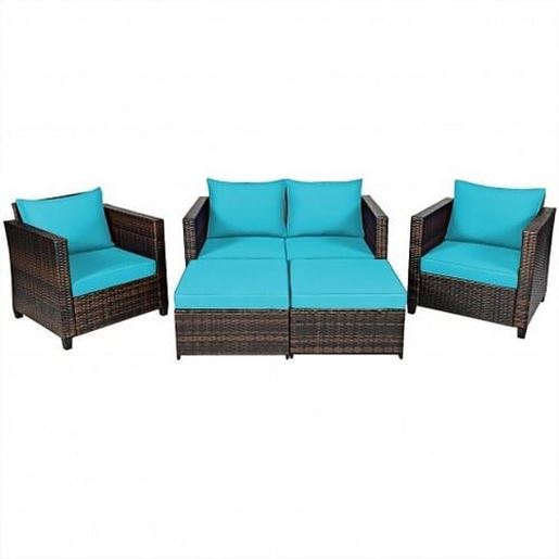 Picture of 5 Pieces Patio Cushioned Rattan Furniture Set-Turquoise - Color: Turquoise