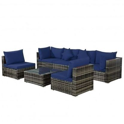 Picture of 7 Pieces Patio Rattan Furniture Set Sectional Sofa Garden Cushion-Navy - Color: Navy