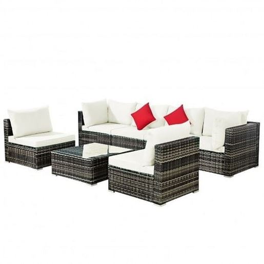 Picture of 7 Pieces Patio Rattan Furniture Set Sectional Sofa Garden Cushion-White - Color: White