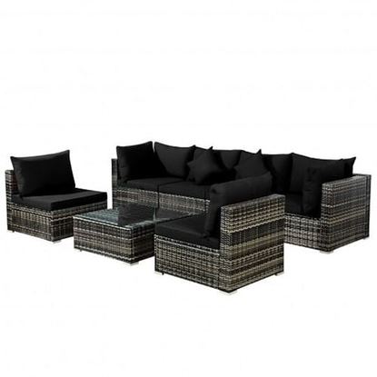 Picture of 7 Pieces Patio Rattan Furniture Set Sectional Sofa Garden Cushion-Black - Color: Black