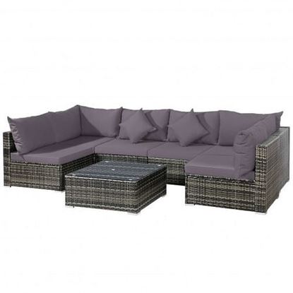 Picture of 7 Pieces Patio Rattan Furniture Set Sectional Sofa Garden Cushion-Gray - Color: Gray