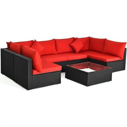 Picture of 7 Pieces Sectional Wicker Furniture Sofa Set with Tempered Glass Top-Red