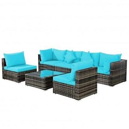 Picture of 7 Pieces Patio Rattan Furniture Set Sectional Sofa Garden Cushion-Turquoise - Color: Turquoise