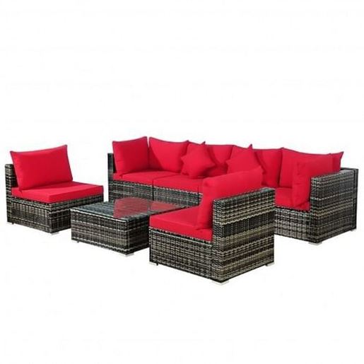 Picture of 7 Pieces Patio Rattan Furniture Set Sectional Sofa Garden Cushion-Red - Color: Red