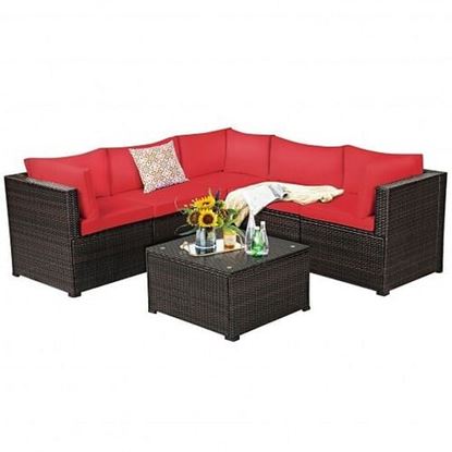 Picture of 6 Pieces Patio Rattan Furniture Set Sectional Cushioned Sofa Deck-Red - Color: Red