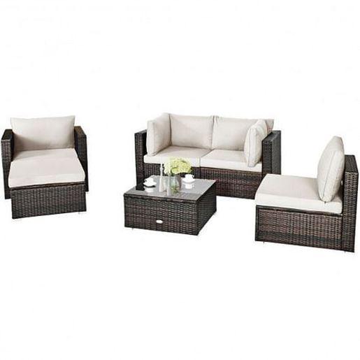 Picture of 6 Pcs Patio Rattan Furniture Set with Sectional Cushion-White - Color: White