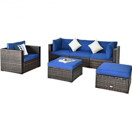 Picture of 6 Pcs Patio Rattan Furniture Set with Sectional Cushion-Blue - Color: Blue