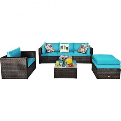 Picture of 6 Pcs Patio Rattan Furniture Set with Sectional Cushion-Turquoise - Color: Turquoise