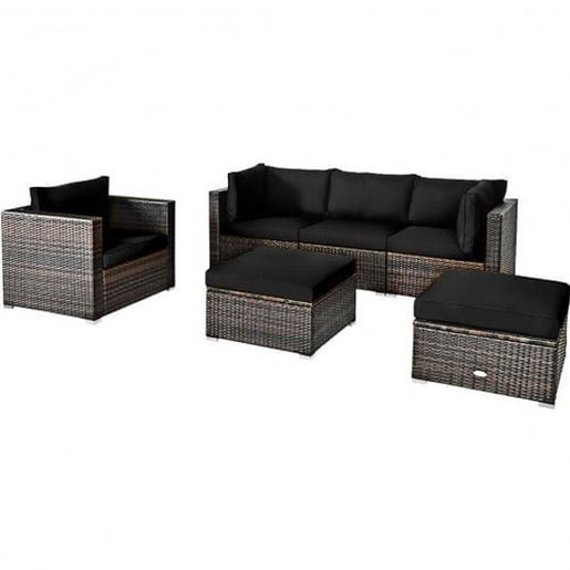 Picture of 6 Pcs Patio Rattan Furniture Set with Sectional Cushion-Black - Color: Black