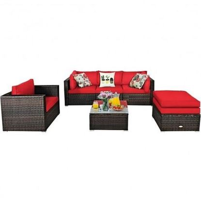 Picture of 6 Pcs Patio Rattan Furniture Set with Sectional Cushion-Red - Color: Red