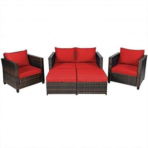 Picture of 5 Pieces Patio Cushioned Rattan Furniture Set-Red - Color: Red