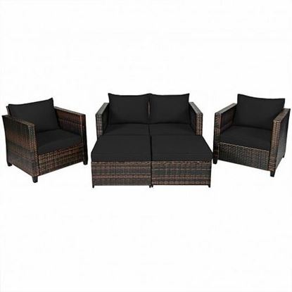 Picture of 5 Pieces Patio Cushioned Rattan Furniture Set-Black - Color: Black