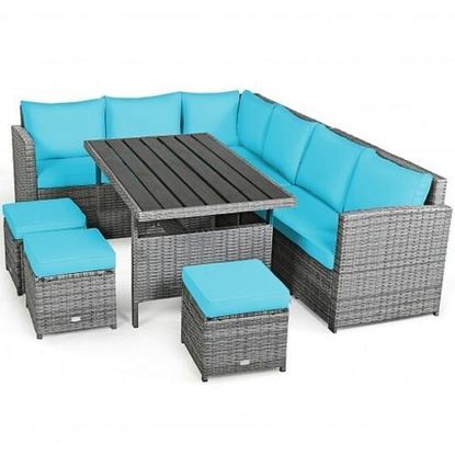 Picture of 7 Pieces Patio Rattan Dining Furniture Sectional Sofa Set with Wicker Ottoman-Turquoise - Color: Turquoise