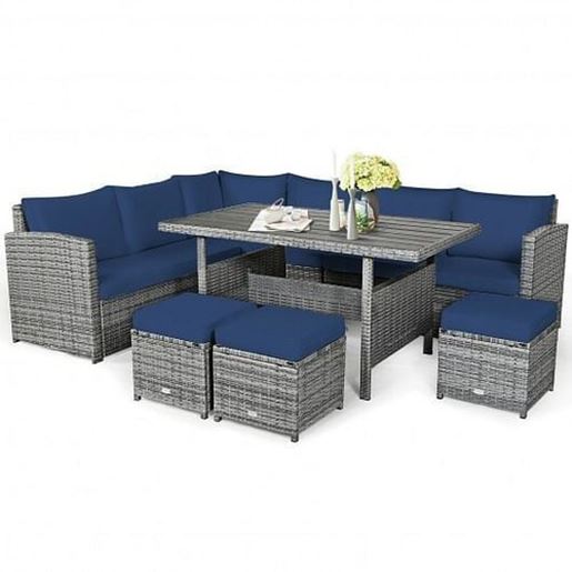 Picture of 7 Pieces Patio Rattan Dining Furniture Sectional Sofa Set with Wicker Ottoman-Navy - Color: Navy