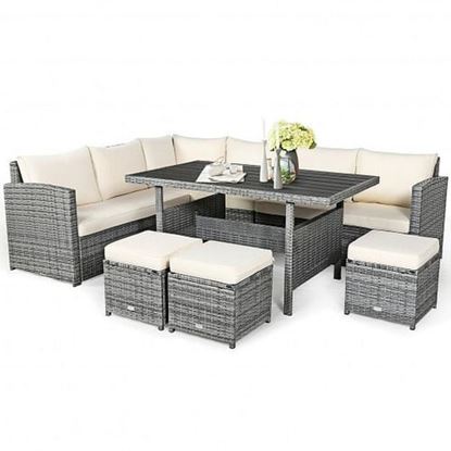 Picture of 7 Pieces Patio Rattan Dining Furniture Sectional Sofa Set with Wicker Ottoman-White - Color: White