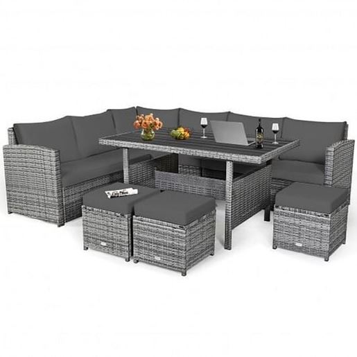 Picture of 7 Pieces Patio Rattan Dining Furniture Sectional Sofa Set with Wicker Ottoman-Gray - Color: Gray