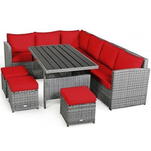 Picture of 7 Pieces Patio Rattan Dining Furniture Sectional Sofa Set with Wicker Ottoman-Red - Color: Red