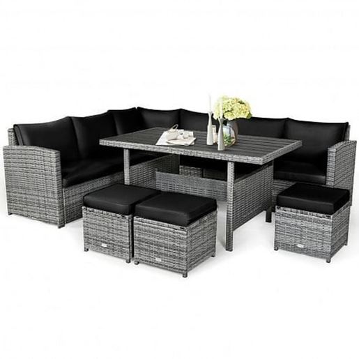 Picture of 7 Pieces Patio Rattan Dining Furniture Sectional Sofa Set with Wicker Ottoman-Black - Color: Black