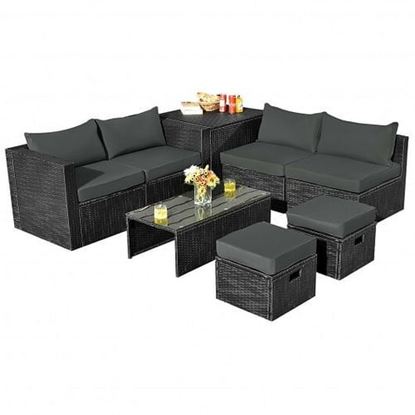 Picture of 8 Pieces Patio Rattan Storage Table Furniture Set-Gray - Color: Gray