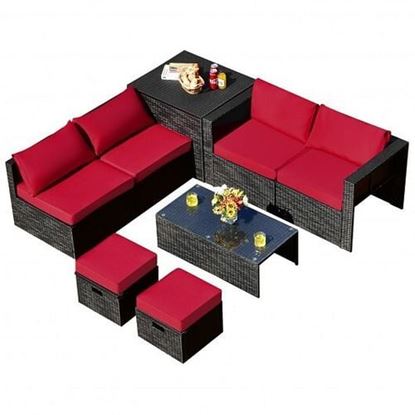 Picture of 8 Pieces Patio Rattan Storage Table Furniture Set-Red - Color: Red