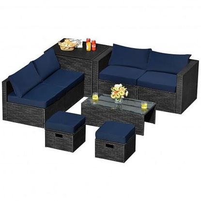 Picture of 8 Pieces Patio Rattan Storage Table Furniture Set-Navy - Color: Navy