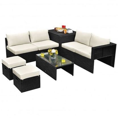 Picture of 8 Pieces Patio Rattan Storage Table Furniture Set-Off White - Color: Off White