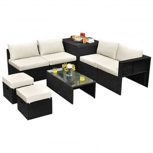 Picture of 8 Pieces Patio Rattan Storage Table Furniture Set-Off White - Color: Off White