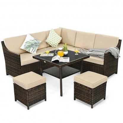 Picture of 6 Pieces Patio Rattan Dining Sofa Funiture Set