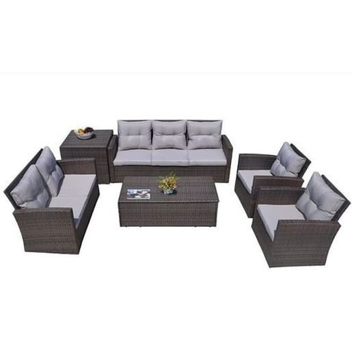 Image sur 118.56" X 31.59" X 14.82" Brown 6-Piece Patio Conversation Set with Cushions and Storage Boxs
