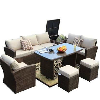 Изображение 179.85" X 31.89" 32.68" Brown 7Piece Steel Outdoor Sectional Sofa Set with Ottomans and Storage Box