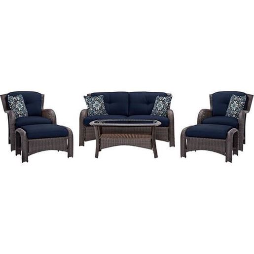 Picture of Outdoor 6-Piece Resin Wicker Patio Furniture Lounge Set with Navy Blue Cushions